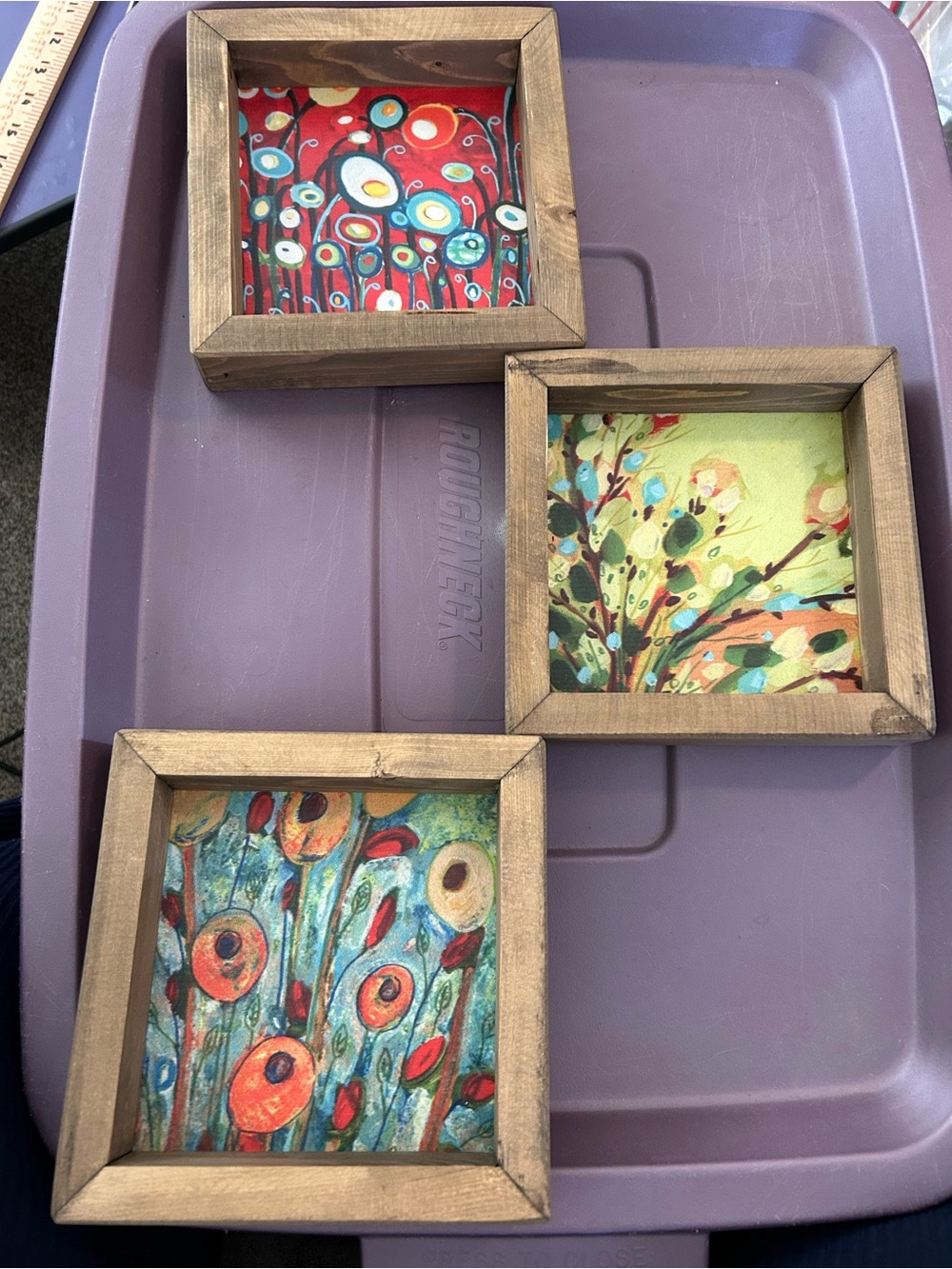 Set of 3 wood framed pics. Approx 6.5” square.
